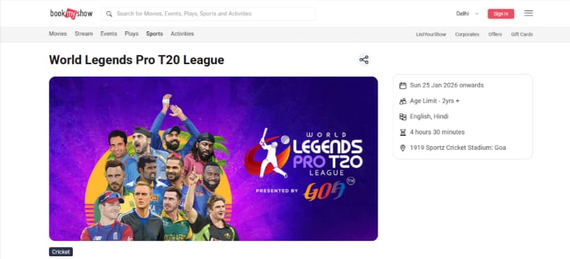 Book Tickets for the Legends Pro T20 League