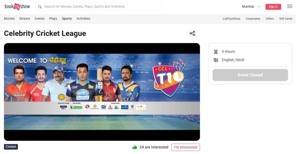 CCL tickets On BookyMyShow