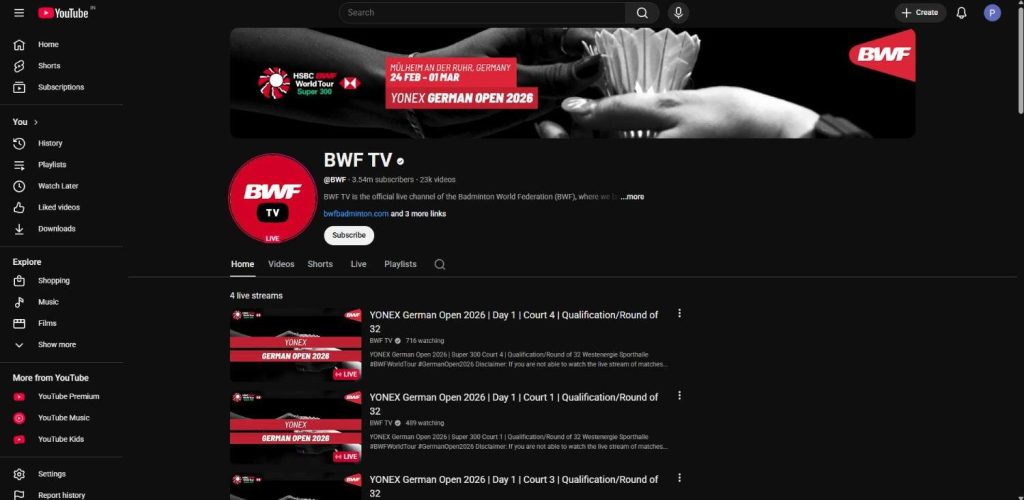 BWF TV’s official YouTube channel, 