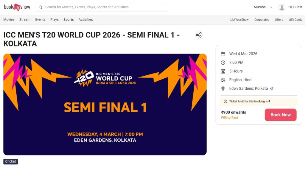 ICC Men’s T20 World Cup 2026 Semi Final Match Tickets 