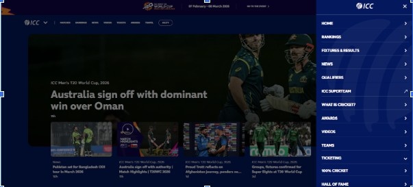 Ticketing menu option On The ICC Website 
