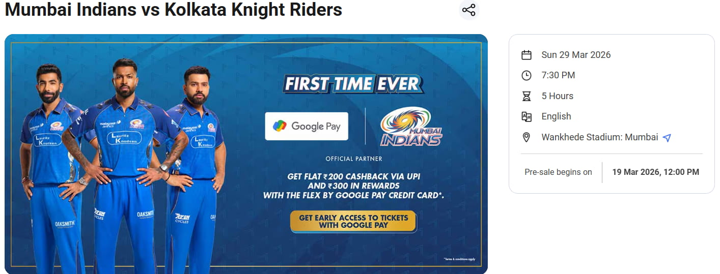 MI vs KKR Match Tickets