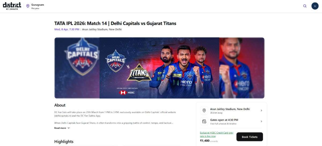 open the District by Zomato app. Search for 'TATA IPL 2026' or the specific DC match open the District by Zomato app. Search for 'TATA IPL 2026' or the specific DC match