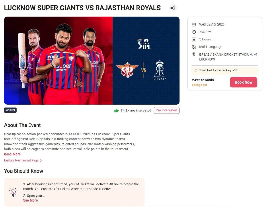 Book LSG vs RR Match 32 Tickets Online