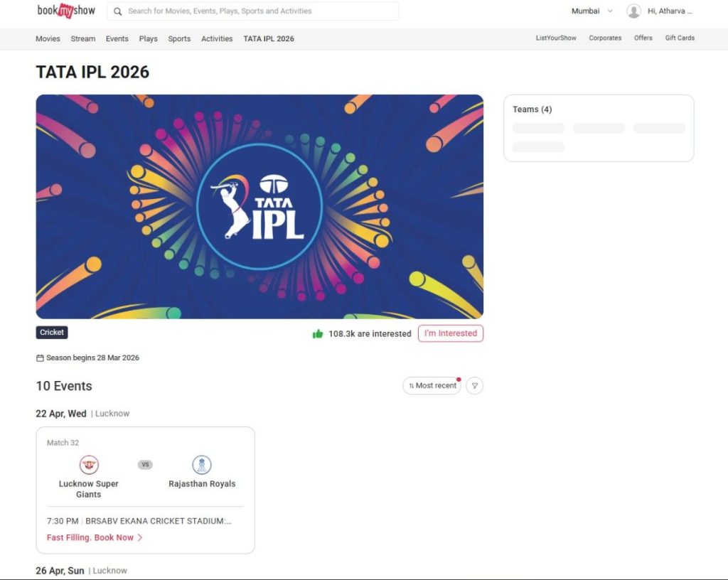 Click on the IPL page on bookmyshow