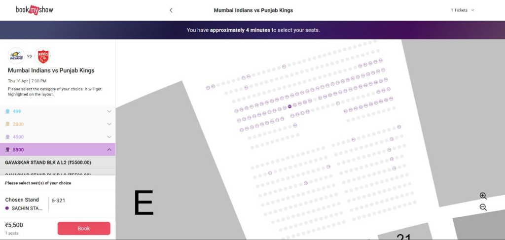 Zoom in on your chosen block and select available seats