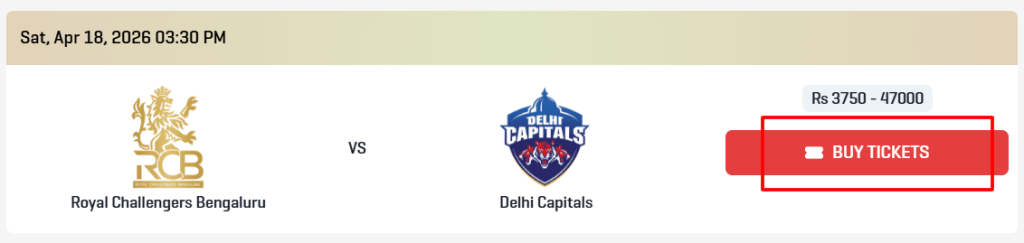 Visit the RCB Ticket Page to buy RCB vs DC IPL 2026 Match 26 Tickets 