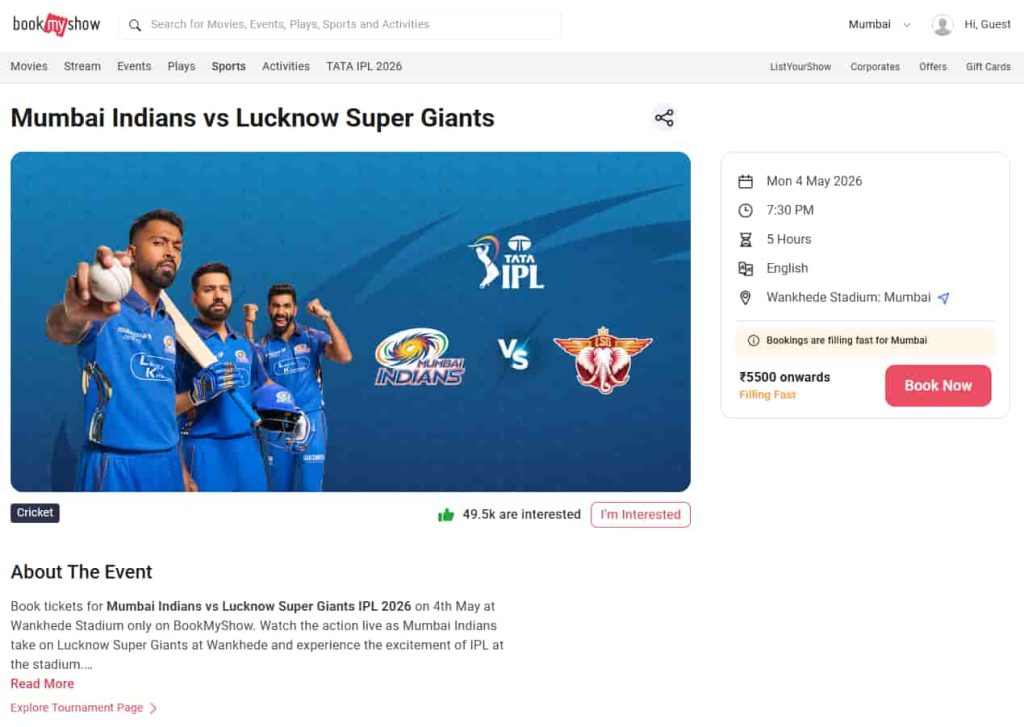 Click On Book Now For MI vs LSG