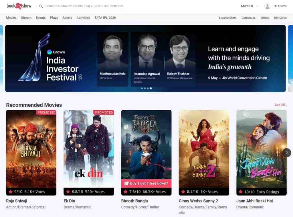 Visit BookMyShow & Search For MI vs LSG Match 