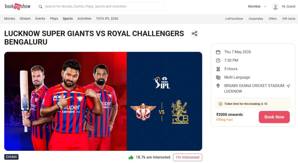 Visit BookMyShow & Search for LSG vs RCB IPL 2026 
