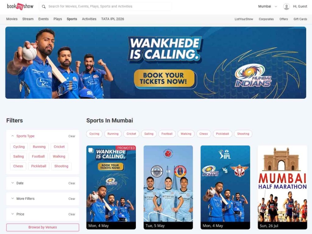 Visit bookmyshow & Search for GT vs PBKS
